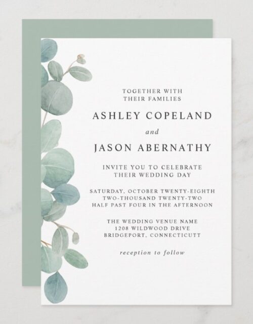 Watercolor Eucalyptus Border Wedding Invitation