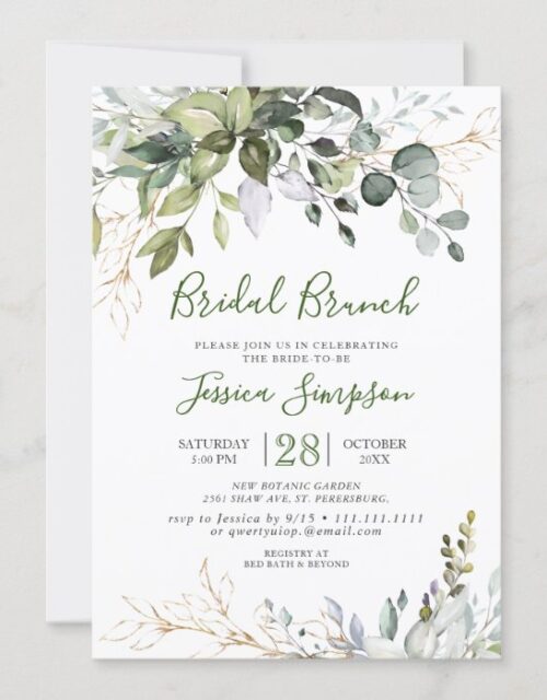 Watercolor Eucalyptus Greenery Bridal  Brunch Invitation