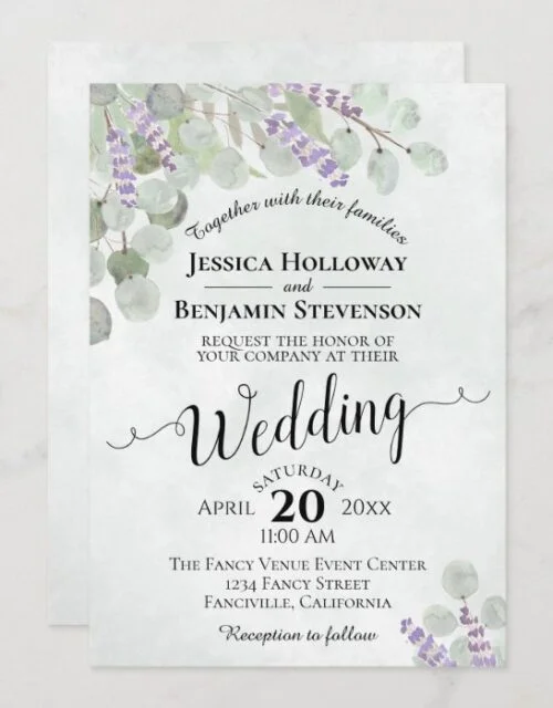 Watercolor Eucalyptus Lavender & Greenery Wedding Invitation