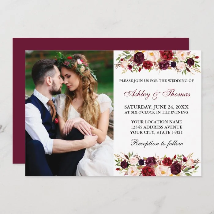Watercolor Floral Burgundy Photo Wedding Invitation