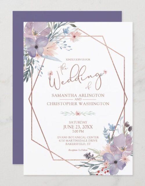 Watercolor Floral Geometric Purple Copper Wedding Invitation