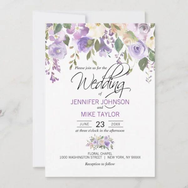 Watercolor Floral Lavender Purple Lilac Wedding Invitation