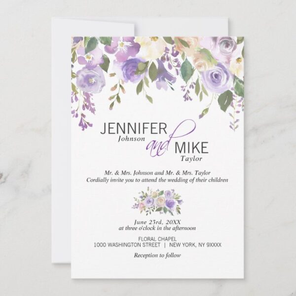 Watercolor Floral Lavender Purple Lilac Wedding Invitation