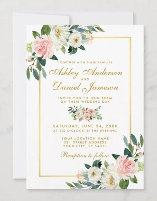 Watercolor Floral Pink Blush White Gold Wedding Invitation