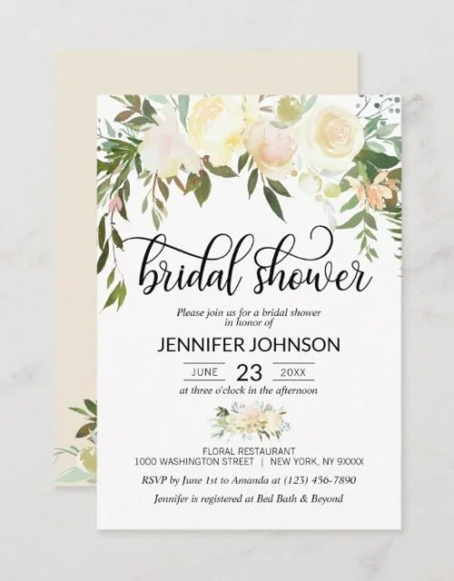 Watercolor Floral Pink Cream Ivory Bridal Shower Invitation