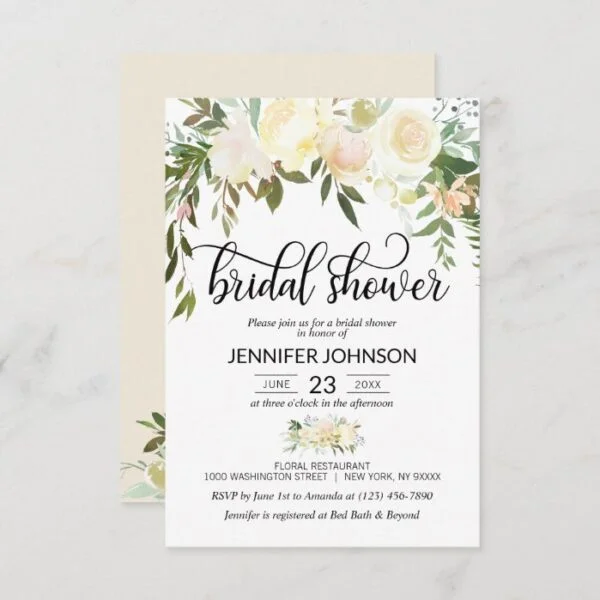 Watercolor Floral Pink Cream Ivory Bridal Shower Invitation