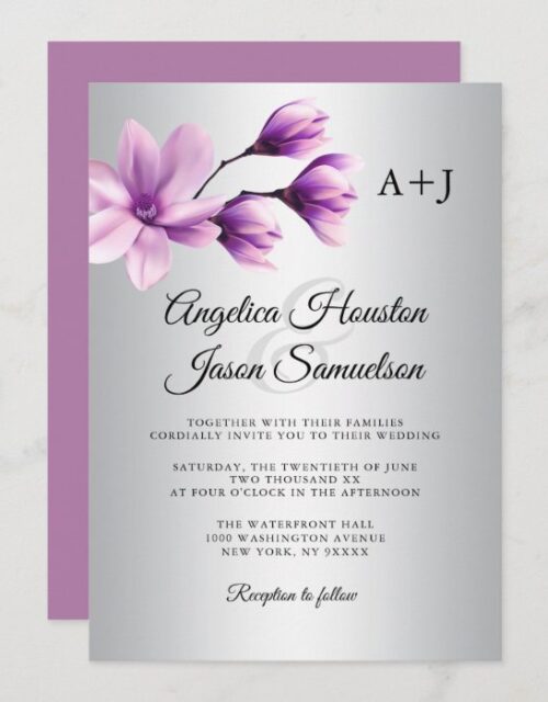 Watercolor Floral Purple Lavender Grey Wedding Invitation
