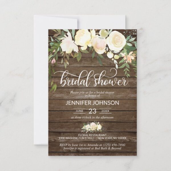 Watercolor Floral Rustic Pink Ivory Bridal Shower Invitation