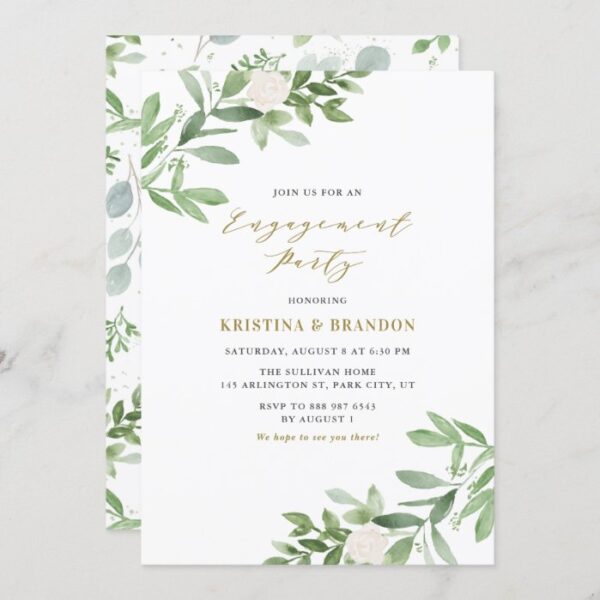 Watercolor Greenery and Flowers Engagement Party Invitation