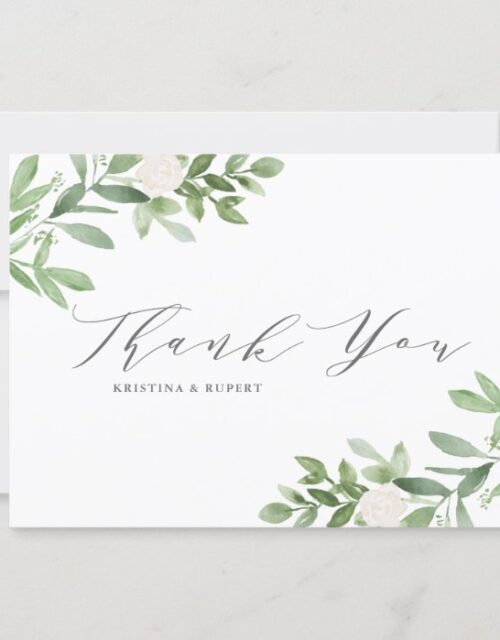 Watercolor Greenery and White Flowers Gray Wedding Thank You Card