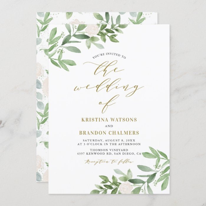 Watercolor Greenery and White Flowers Wedding Invitation