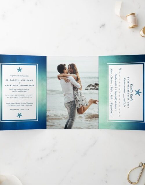 Watercolor Ocean Starfish Beach Wedding Suite Tri-Fold Invitation