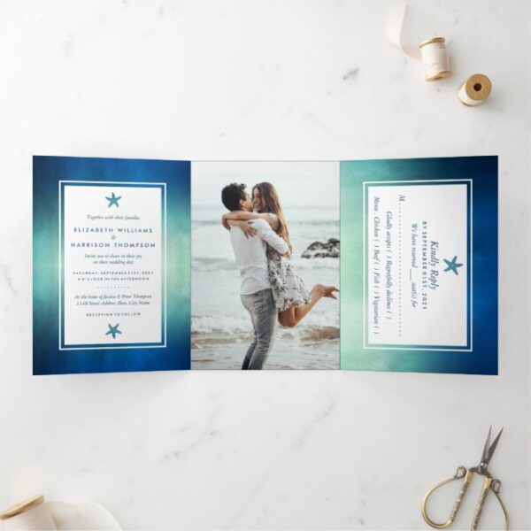 Watercolor Ocean Starfish Beach Wedding Suite Tri-Fold Invitation