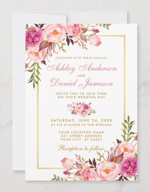 Watercolor Pink Blush Floral Gold Wedding Invitation
