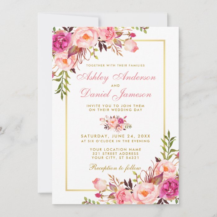 Watercolor Pink Blush Floral Gold Wedding Invitation
