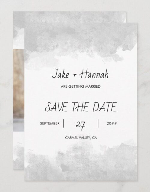 Watercolor Wash Cool Grey Casual Script Photo Save The Date