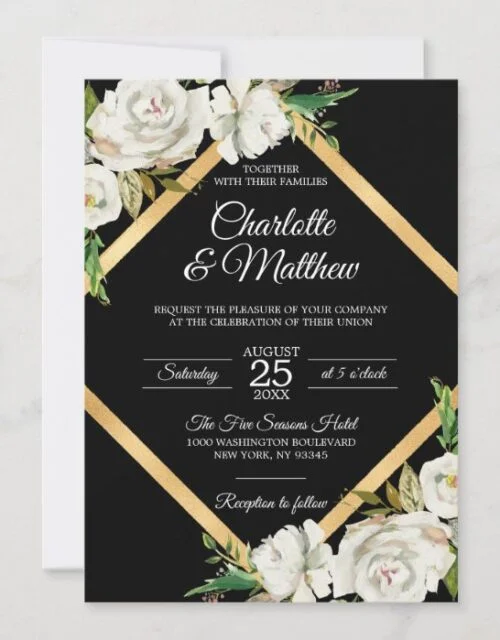 Watercolor White Black Gold Floral Wedding Invitation