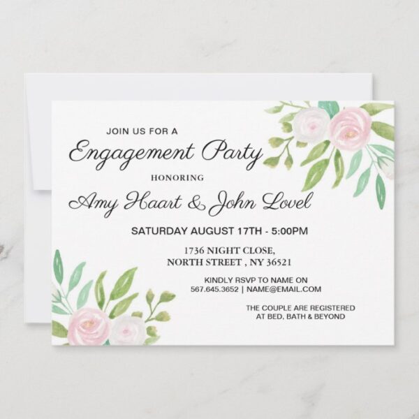 Watercolor White Flowers Engagement Party Invite