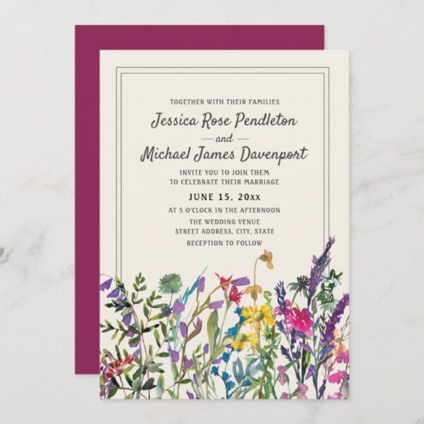 Watercolor Wildflowers Cream Purple Wedding Invitation