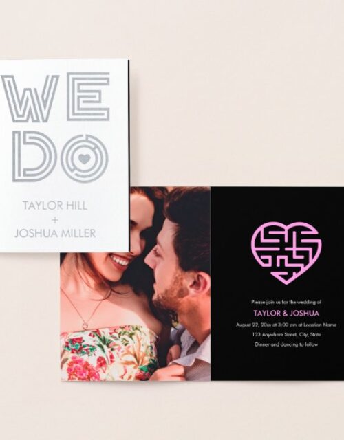 We Do Heart Maze Typography Photo Wedding Foil Card