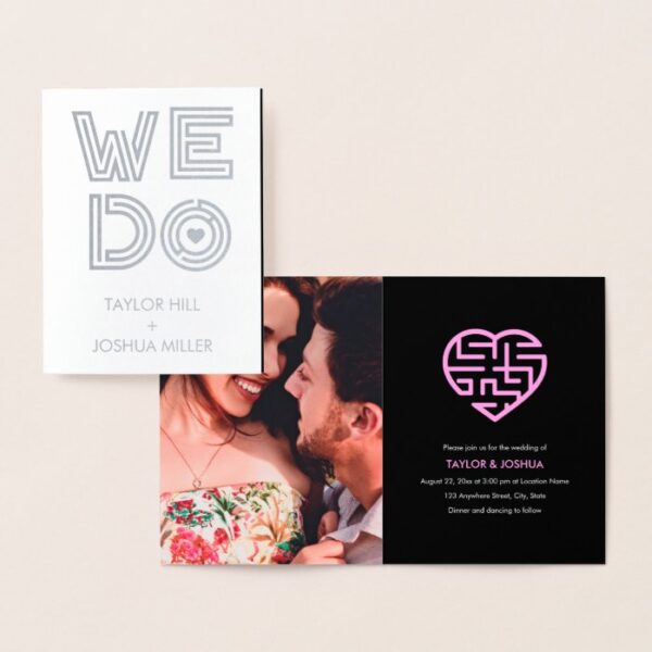 We Do Heart Maze Typography Photo Wedding Foil Card