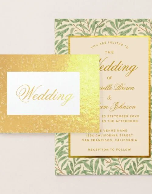 Wedding Calligraphy Foliage Leaves Greenery Gold Foil Card