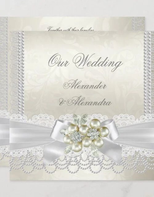 Wedding Cream White Pearl Lace Damask Diamond Invitation