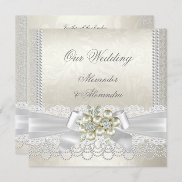Wedding Cream White Pearl Lace Damask Diamond Invitation