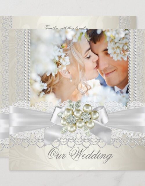 Wedding Cream White Pearl Lace Damask Diamond Pic Invitation