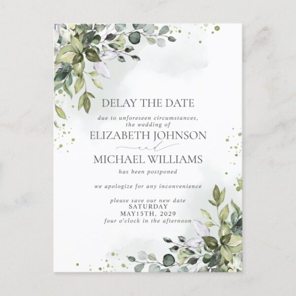 Wedding Date Postponement Eucalyptus Watercolor Announcement Postcard