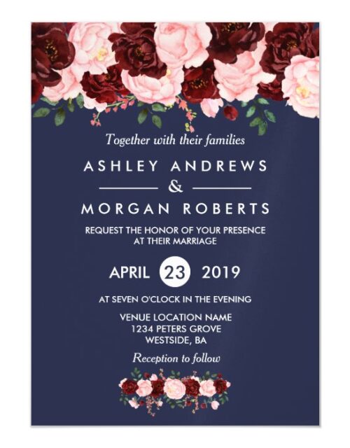Wedding Invitation: Pink Burgundy Navy Blue Floral Magnetic Invitation