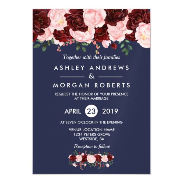 Wedding Invitation: Pink Burgundy Navy Blue Floral Magnetic Invitation