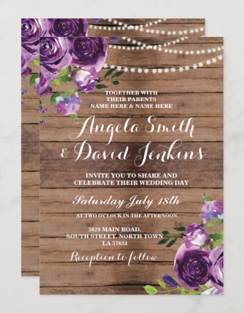 Wedding Invitations Rustic Wood Purple Floral