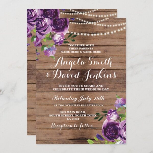 Wedding Invitations Rustic Wood Purple Floral