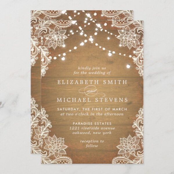 Wedding Lace Floral Rustic Wood White Lights Invitation