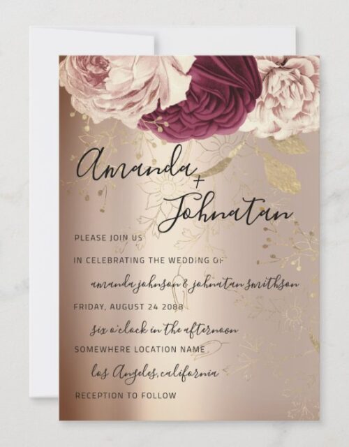 Wedding Monogram Pink Florals Marsala Rose Gold Invitation