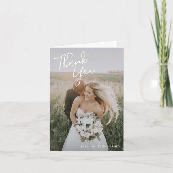 Wedding Photo Elegant White Handwritten Script Thank You Card