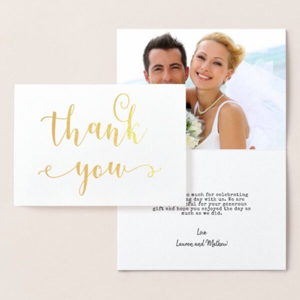 Wedding Photo Hand Lettered Thank You Gold Foil Card