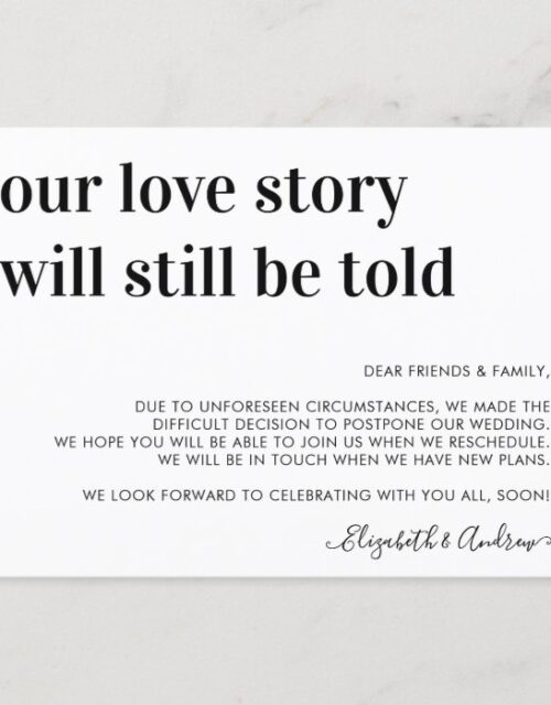 Wedding Postponement Love Story Will Still Be Told Announcement Postcard