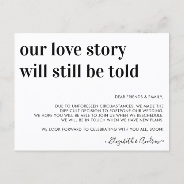 Wedding Postponement Love Story Will Still Be Told Announcement Postcard