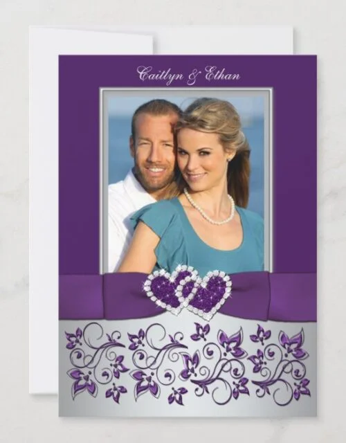Wedding | Purple, Silver | Floral, Hearts | Photo Invitation