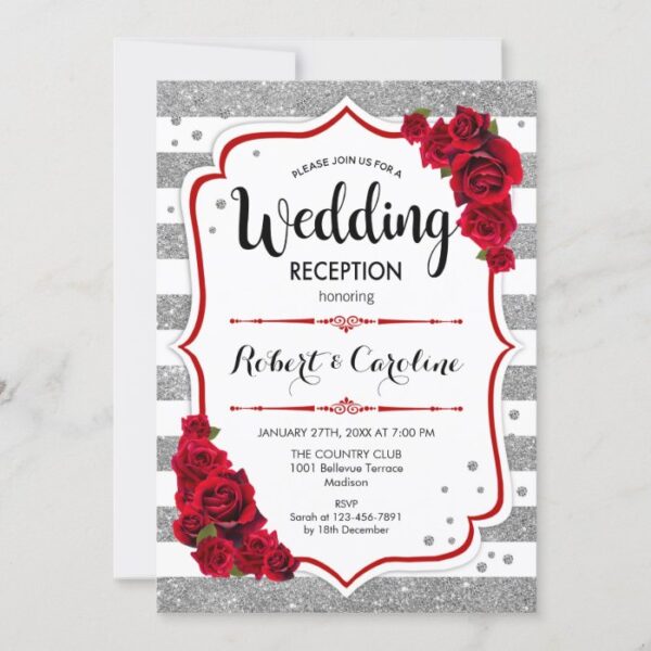 Wedding Reception - Silver White Red Invitation
