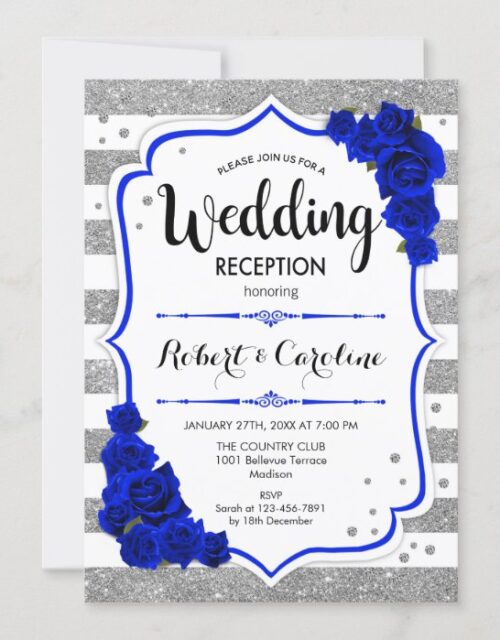 Wedding Reception - Silver White Royal Blue Invitation