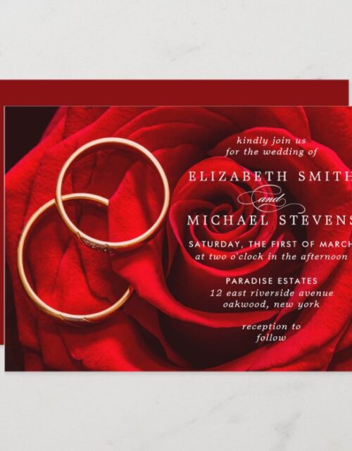 Wedding Red Rose Gold Rings Wedding Invitation