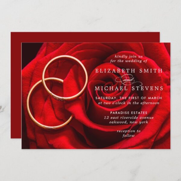 Wedding Red Rose Gold Rings Wedding Invitation