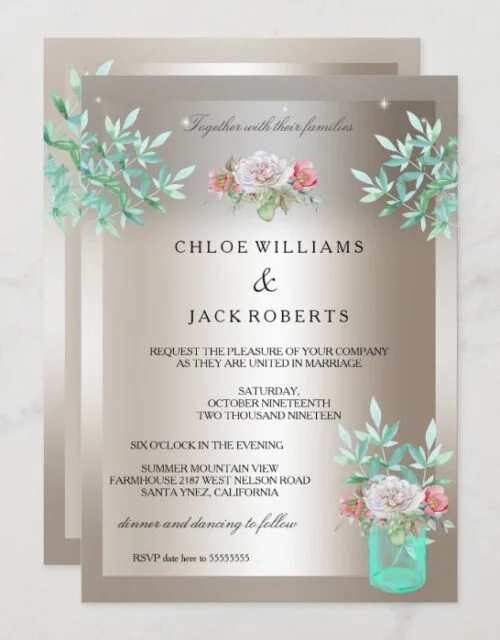 Wedding Sepia Teal Floral Mason Jar Pink Rose Invitation