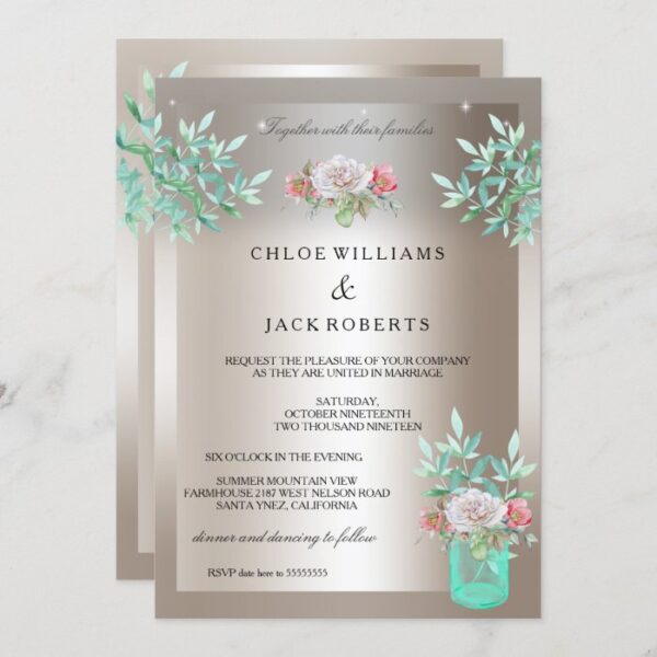 Wedding Sepia Teal Floral Mason Jar Pink Rose Invitation