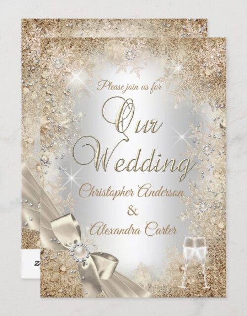 Wedding Silver Beige Cream Pearl Bow Snowflake Invitation