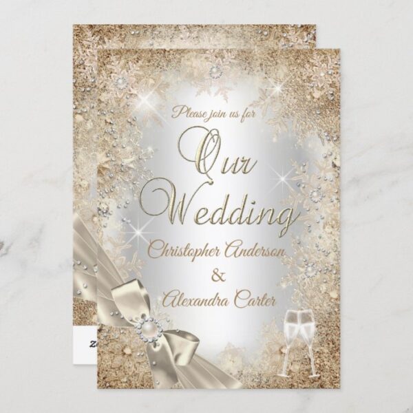 Wedding Silver Beige Cream Pearl Bow Snowflake Invitation