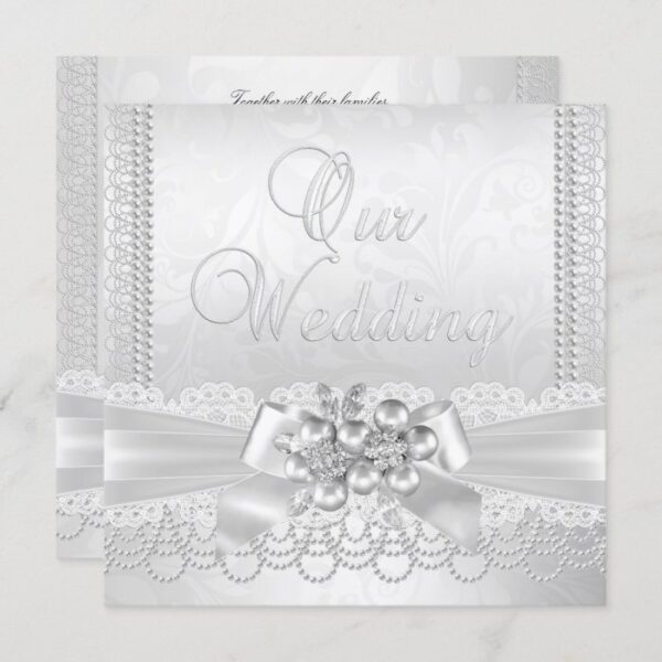 Wedding White Silver Pearl Lace Damask Diamond Invitation